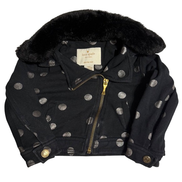 Kate Spade New York Girls Black Polka Dot Jacket Faux Fur Collar 18M - Picture 1 of 8
